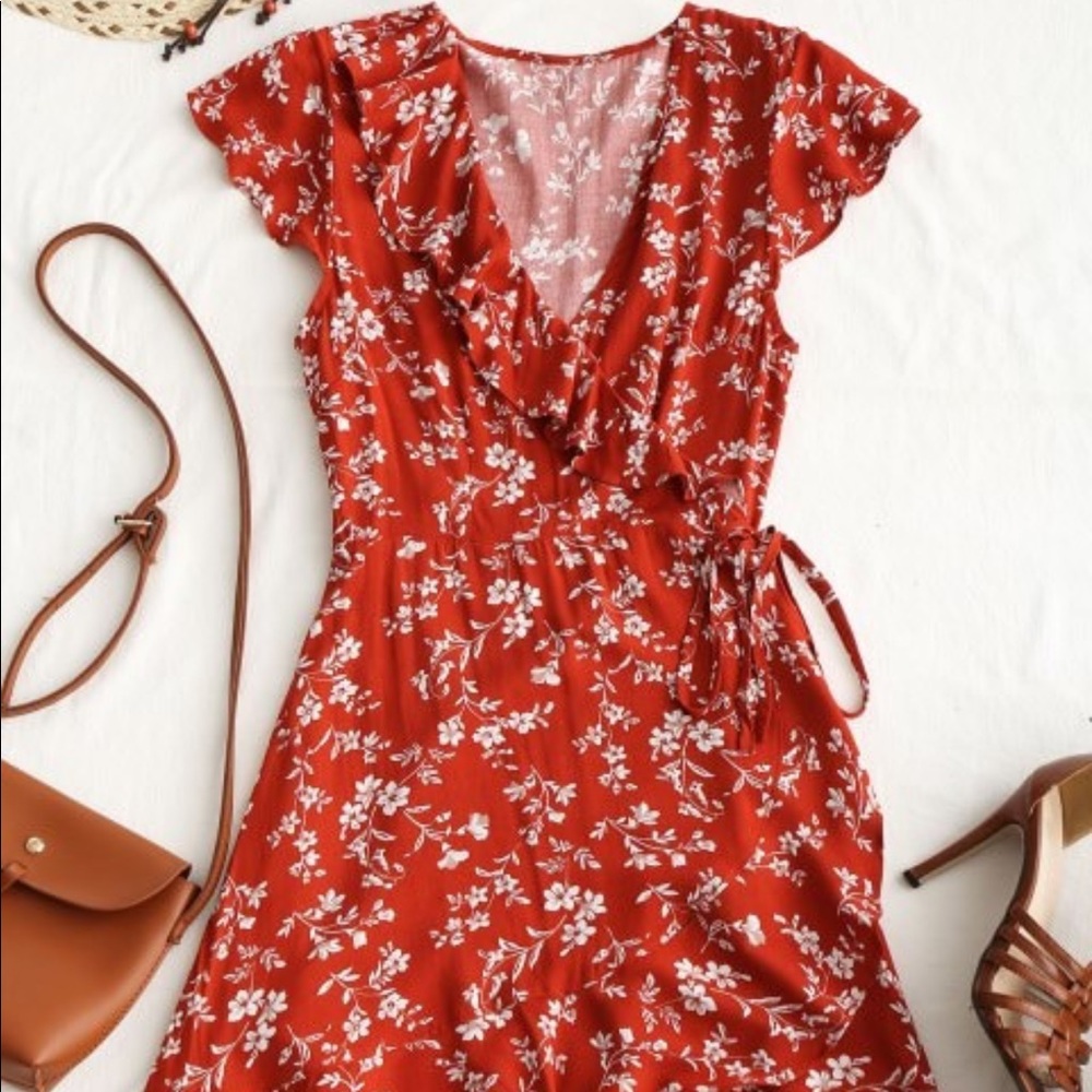 Floral ruffle wrap dress